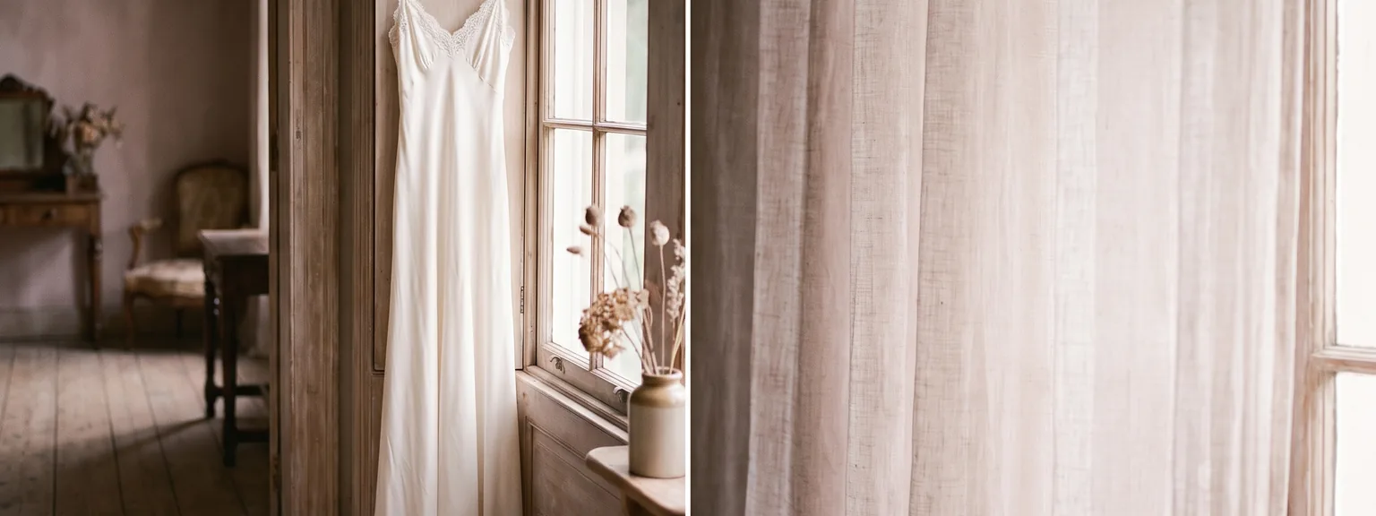 Ein schlichtes Brautkleid hängt an einem Fenster im Morgenlicht.