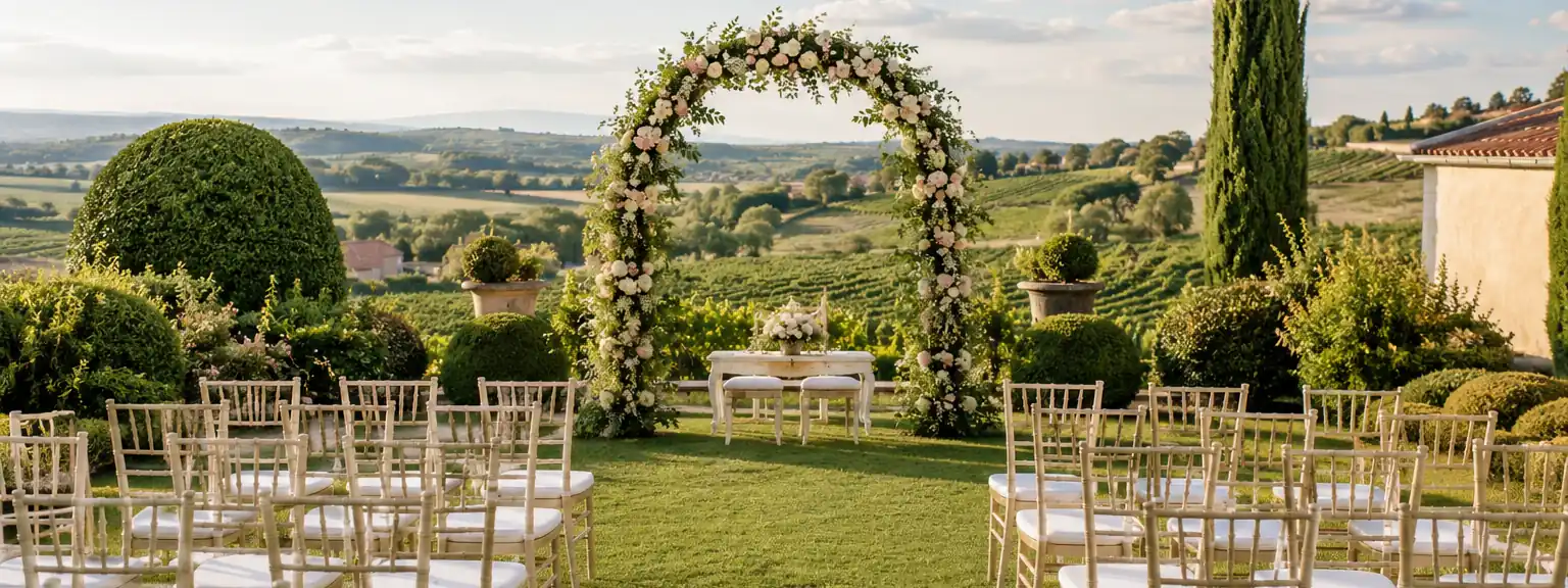 Blumenbogen und Stuhlreihen auf einer Wiese mit Blick über Weinberge.