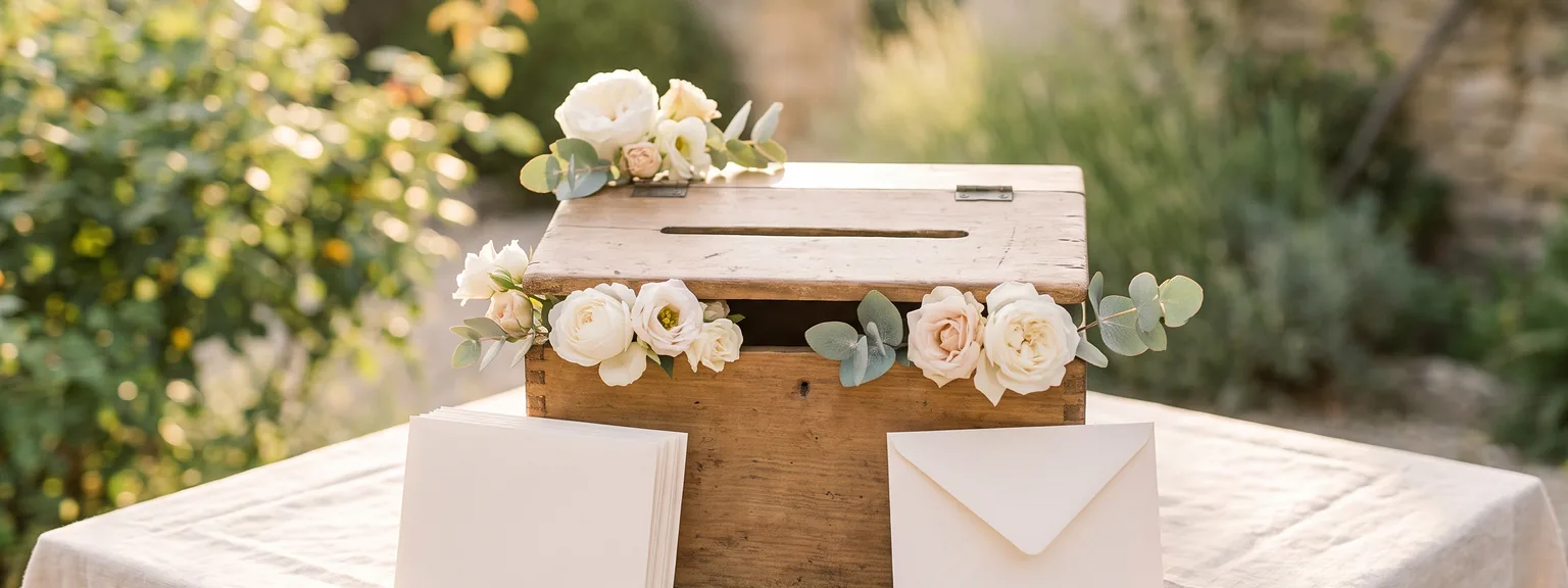 Hölzerne Kartenbox mit Einwurfschlitz, daneben leere cremefarbene Kuverts und weiße Rosen.