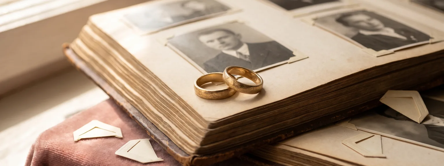 Zwei goldene Eheringe liegen auf einem alten aufgeschlagenen Fotoalbum.