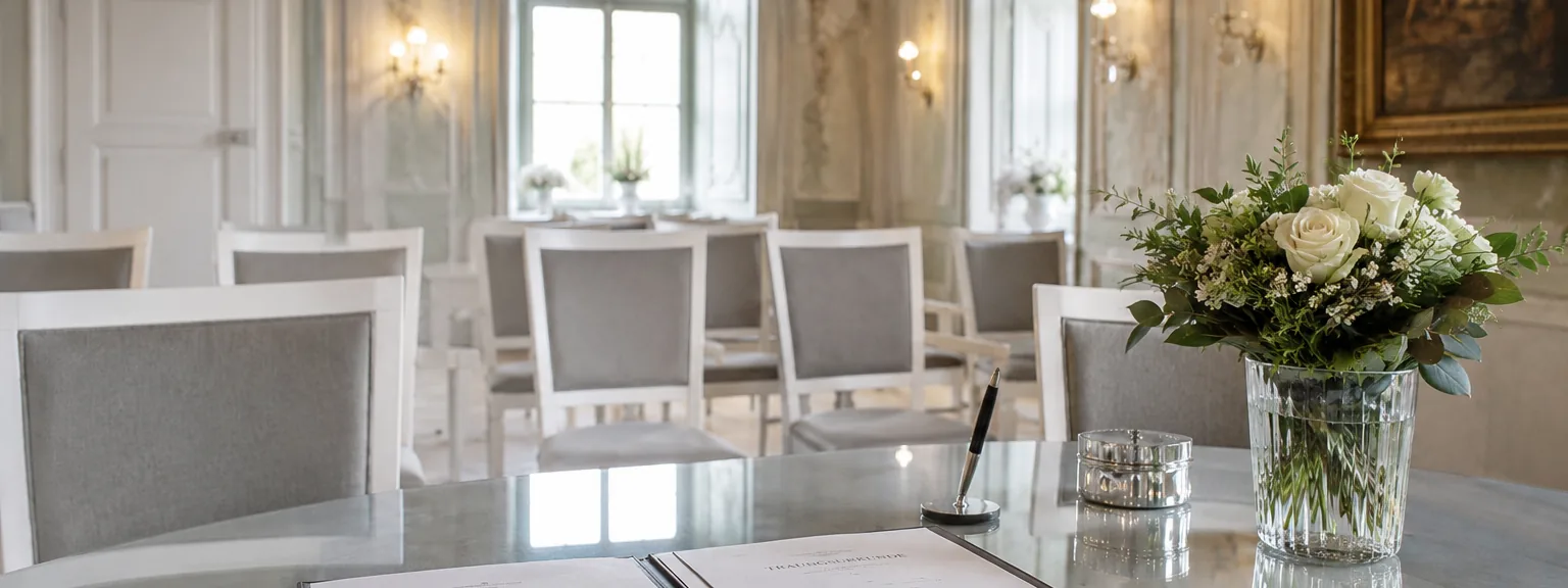 Aufgeschlagenes Trauungsbuch mit Ringen und Stift auf einem Tisch in einem hellen Saal.