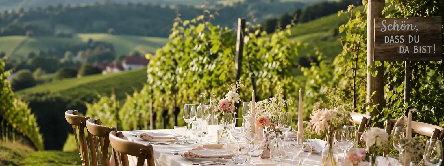 Lange gedeckte Hochzeitstafel im Freien mit Blick über Weinberge.