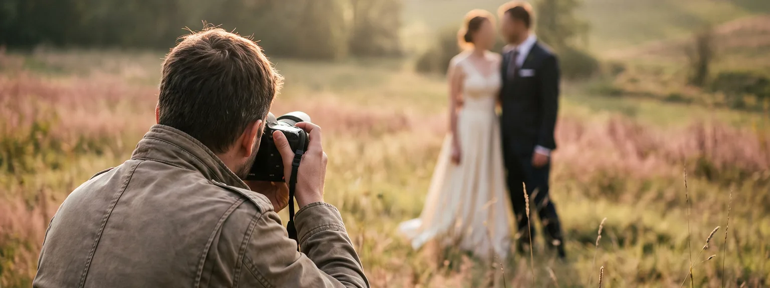Eine Fotografin fotografiert ein Brautpaar im Gegenlicht auf einer Wiese.