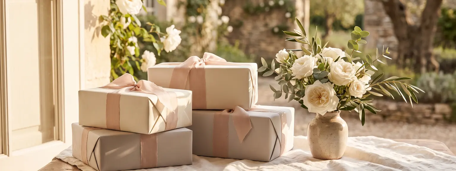Drei in cremefarbenes Papier gewickelte Geschenke mit rosé Seidenband auf einem Leinentisch.