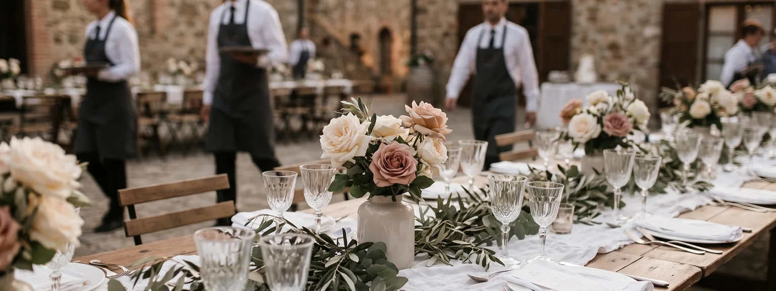 Eine gedeckte Hochzeitstafel mit Blumen, dahinter arbeitet Servicepersonal im Hintergrund.