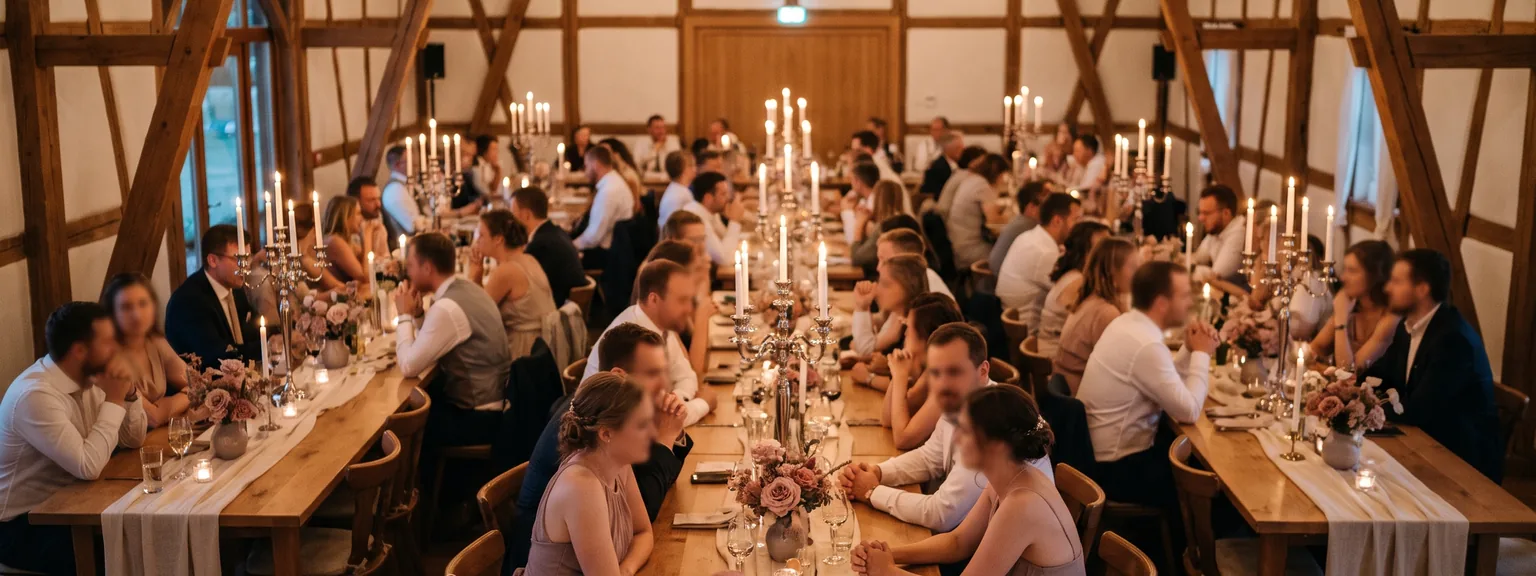 Festlich gedeckter Saal am Abend mit Kerzen, Lichterketten und Gästen an langen Tafeln.