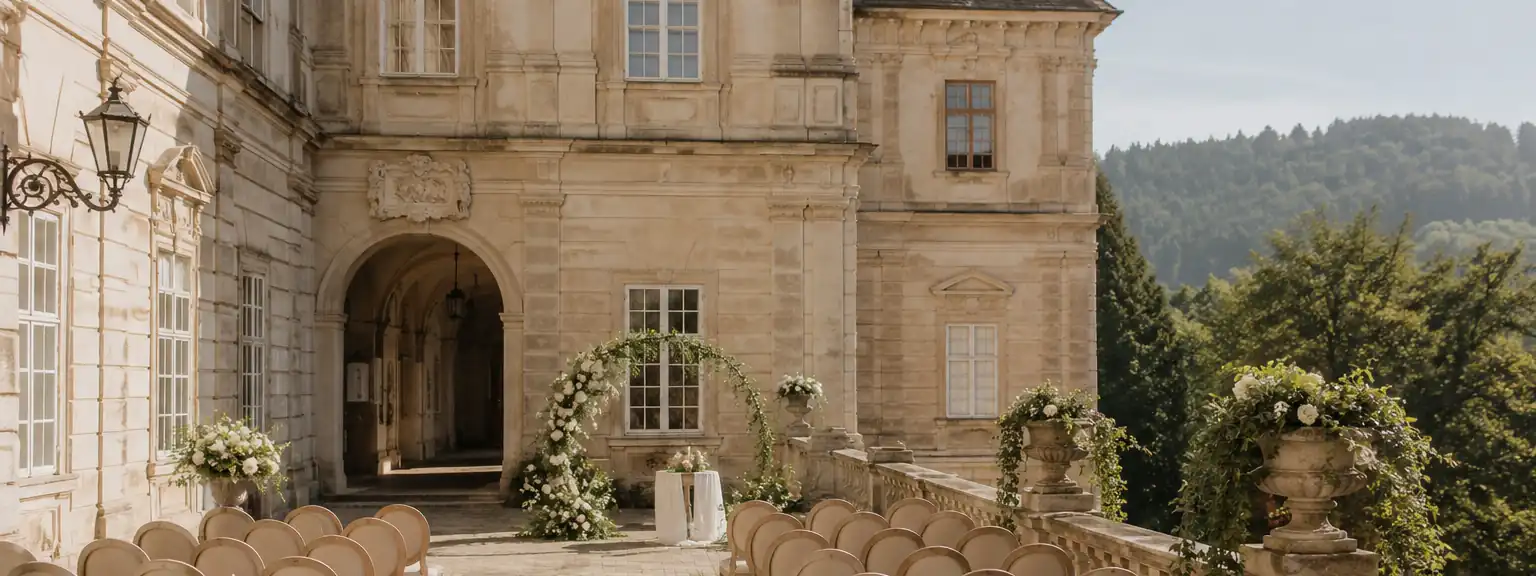 Stuhlreihen und Blumenbogen im Innenhof eines barocken Schlosses.