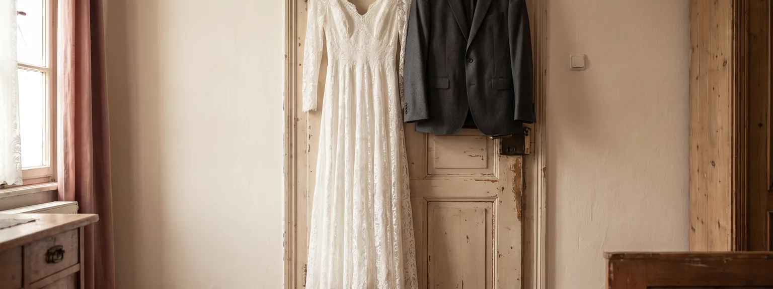 Brautkleid und Anzug hängen nebeneinander an einer Tür im Morgenlicht, davor Schuhe und Ringschatulle.