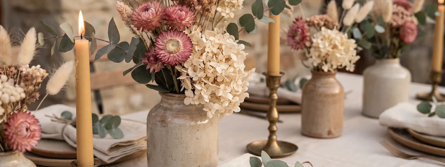 Gedeckte Tafel mit Trockenblumen, Kerzen und Leinen in warmem Abendlicht.