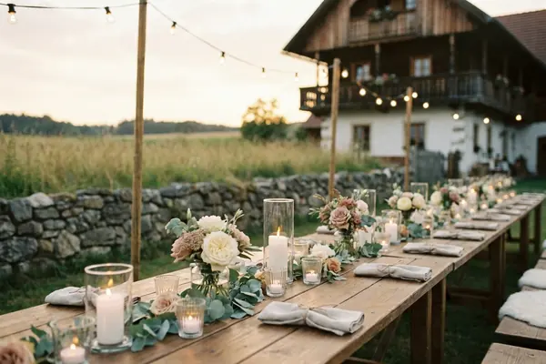 Lange festlich gedeckte Tafel im Freien mit Kerzen und cremefarbenen Rosen.