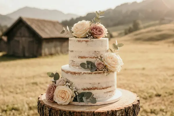 Zweistöckige Hochzeitstorte mit cremefarbenen Rosen und Eukalyptus.