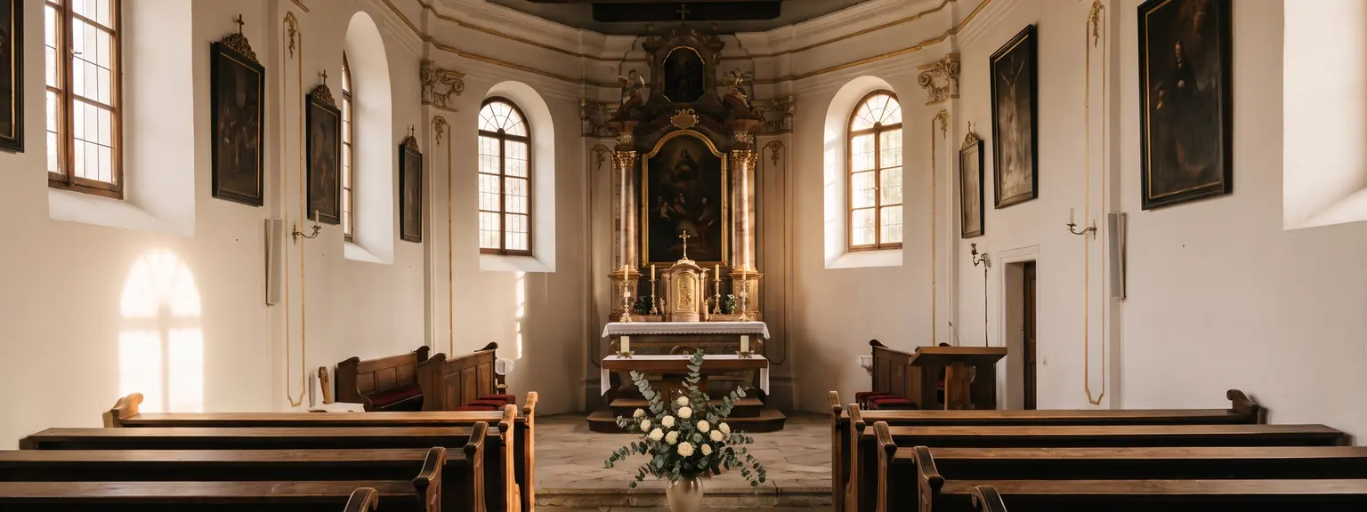 Blick durch den Mittelgang einer barocken Dorfkirche zum Altar, davor ein Strauß aus weißen Rosen und Eukalyptus.