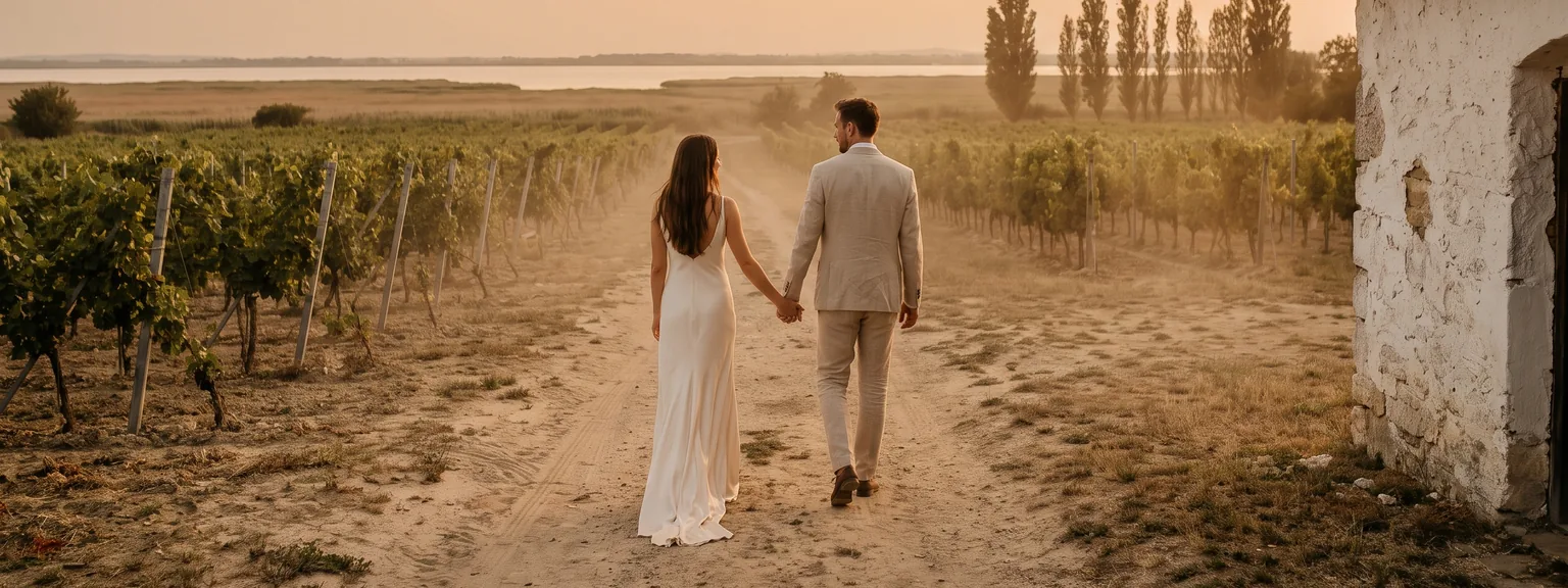 Brautpaar geht im Abendlicht einen Sandweg zwischen Weingärten entlang, dahinter der Neusiedler See.