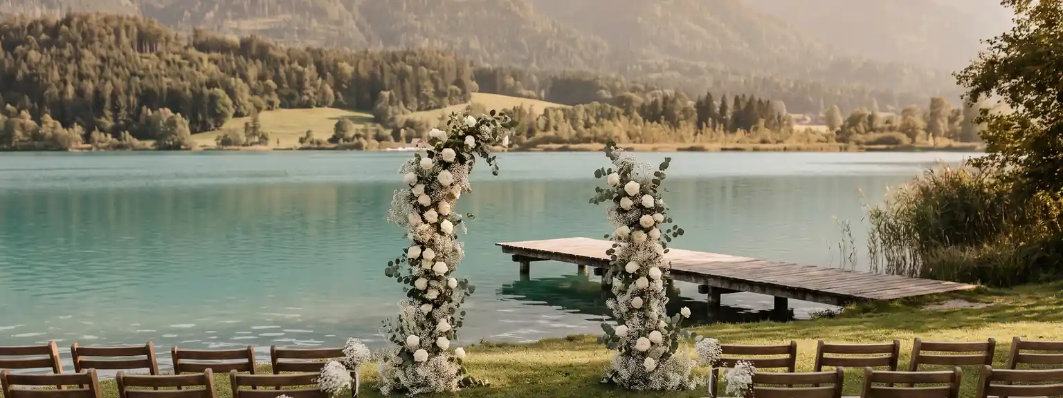 Stuhlreihen und ein Blumenbogen auf einer Wiese am Ufer eines Sees, dahinter bewaldete Hänge.