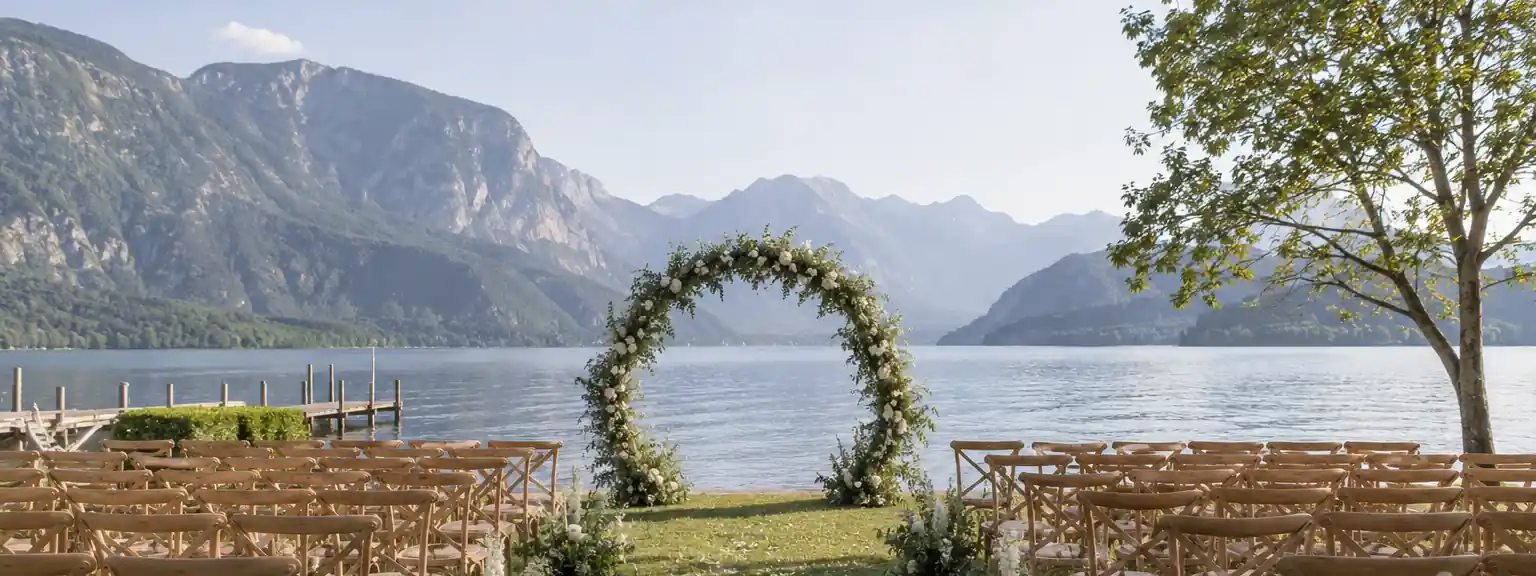 Stuhlreihen und ein Blumenbogen auf einer Wiese am Ufer eines Sees.