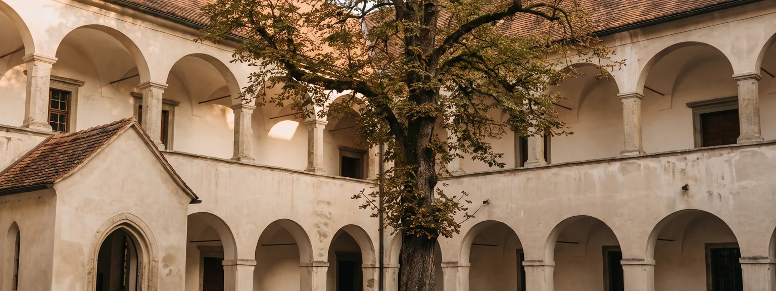 Arkadenhof eines Renaissanceschlosses, Stuhlreihen um einen alten Baum aufgestellt, links das spitzbogige Portal der Schlosskapelle.