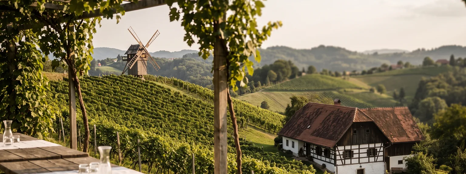 Langer gedeckter Holztisch unter einer Weinlaube, dahinter Rebzeilen an einem Hang, ein Klapotetz auf der Kuppe und ein weiß gekalktes Weinberghaus.