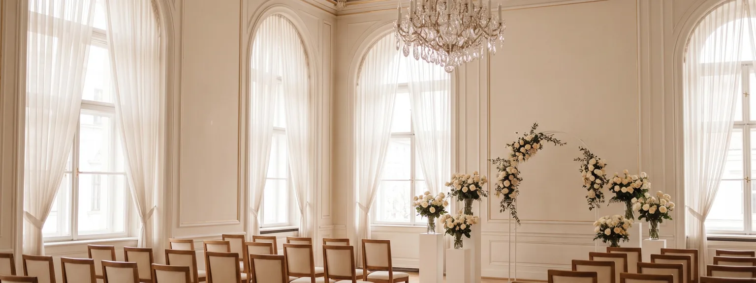 Barocker Saal mit Parkettboden, hohen Fenstern und Stuhlreihen für eine Trauung.