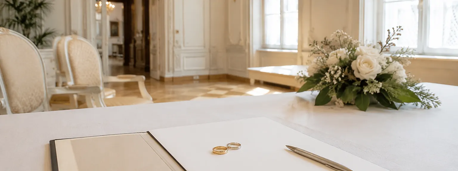 Aufgeschlagenes Trauungsbuch mit zwei Eheringen und einem Stift auf einem Tisch, dahinter ein heller Trauungssaal.