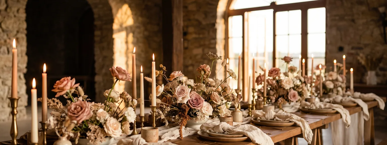 Gedeckte lange Tafel mit niedrigen Blumengestecken, Kerzen und Leinenservietten.