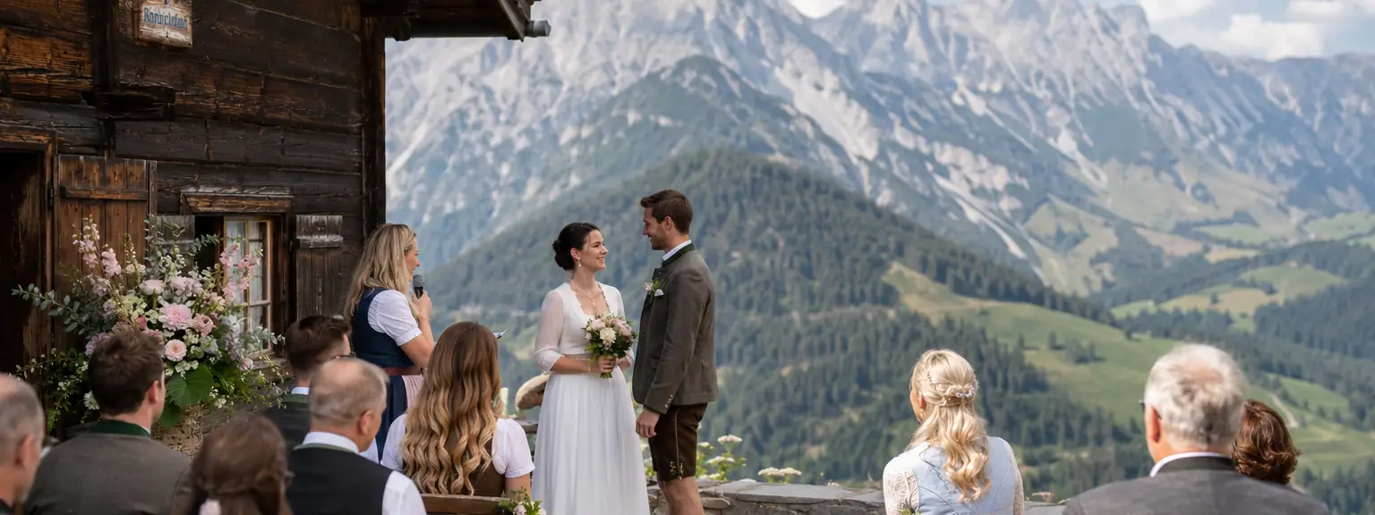 Freie Trauung vor sitzenden Gästen, im Hintergrund eine Almhütte und Berge.