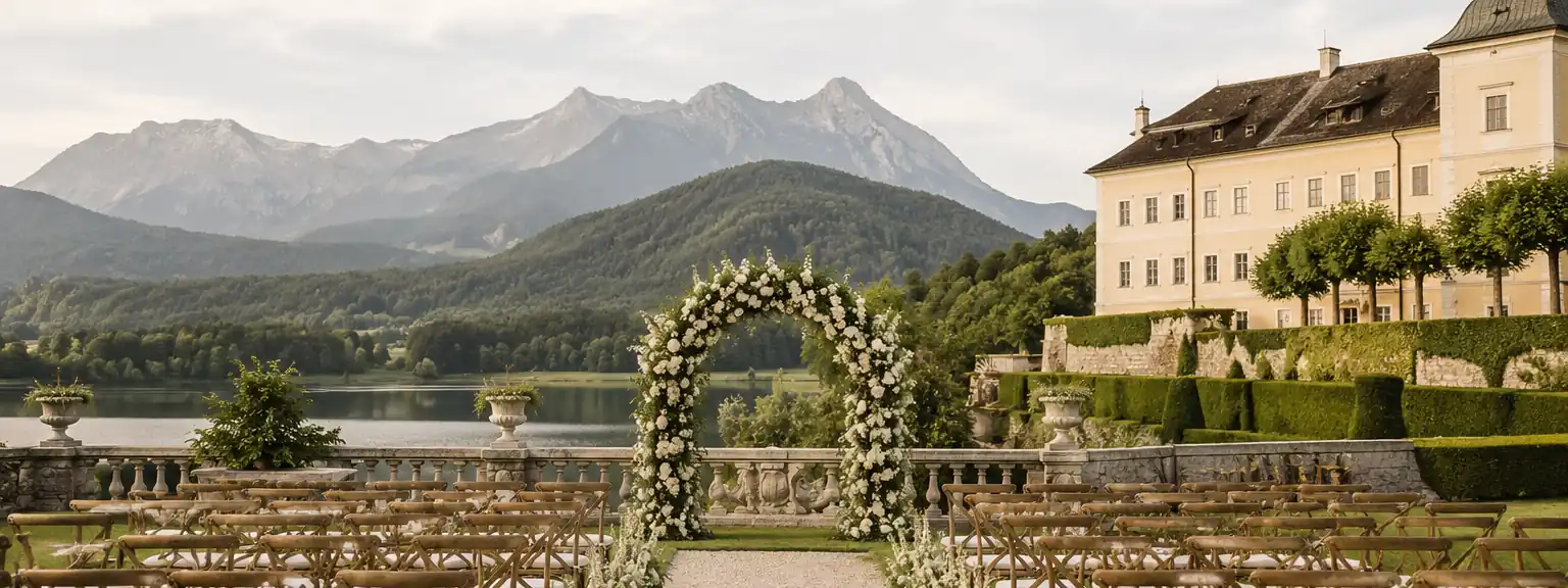 Stuhlreihen und Blumenbogen in einem Schlosspark, dahinter See und Berge.